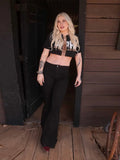 KYLETHOMASW  -  Vintage Women Contrast Five-point Star Patchwork Denim Flared Pants Baggy Dragging Jeans Trousers Chic Elegant Casual Short Pant