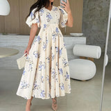 KYLETHOMASW  -  Blue Floral Print Puff Sleeve Dress Summer Fashion Lace Up Holiday Dresses Ladies Elegant V-neck High Waist Pleated Party Dress