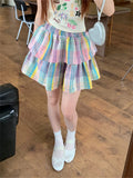 KYLETHOMASW  -  Rainbow Plaid Mini Skirts Preppy Style Women Slim Chic Sweet Party Summer 2024 High Street Daily Casual Gentle