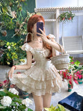 KYLETHOMASW  -  2025 Girl Dress Sweet Floral Square Neck Bow Women Korean Version Slimming Style Spliced Fluffy Cute Sweet Dresses