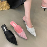 Kylethomasw Sparkling Rhinestone Luxury Slippers for Women Sexy Pointed Toe  Low Heel Slides Fashion Footwear Diamond Dress Sandals Women