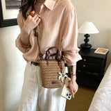 KYLETHOMASW  -  Women Mini Straw Woven Bucket Bag New Trend Summer Beach Crossbody Bags Female Cute Travel Fashion Handbags and Purses