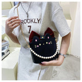 KIylethomasw Cat Casual Crossbody Bags Women Pearl Chain Pu Leather Handle Messenger Bag Female Fashion Harajuku Cute Y2k Bags Purse
