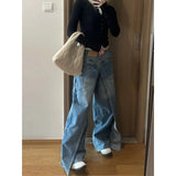 Kylethomasw Korean Retro Washed Splicing Casual All Match Jeans Women Spring New High Waist Loose Distressed Denim Wide Leg Pants