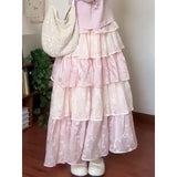 KYLETHOMASW  -  Princess Style Lace Tiered Pink Maxi Skirt Spring Summer Multi-Layer Ruffle A-Line Birthday Party Kawaii Long Skirts for Women