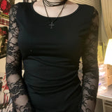 KYLETHOMASW  -  Pure desire dark style thin lace see through sexy top for women's autumn new style spicy girl round neck slim fit base T-shirt