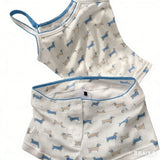 KYLETHOMASW  -  Kawaii Blue Dachshund Print Pajama Set Sleeveless Cami & High Waist Shorts - Cozy Casual Loungewear Vest Shorts 2 Pieces Set