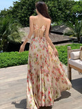 KYLETHOMASW  -  Elegant Floral Print Long Dresses for Women Sexy Backless Lace-up Party Dress Summer Holiday Beach Pleated A-line Vestidos Robe