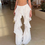 KYLETHOMASW  -  Women Pants Ruffles Patchwork Meash Bandage Slim Irregular Sexy Flare Long Trouser Streetwear Ladies Casual Jogger