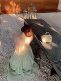 KYLETHOMASW  -  Sexy Backless Strapless Long Dress Women's Summer Vacation Green Loose A-Line Skirt Polyester V-Neck Sleeveless Casual Gown
