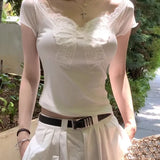 KYLETHOMASW  -  Sexy Coquette Streetwear T Shirts Women Korean Fashion Vintage Bow Lace Patchwork V Neck Slim Tees Tops Summer Chic