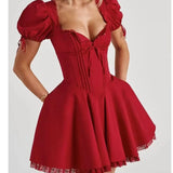 KYLETHOMASW  -  Women Lace Spliced Party Mini Vintage Dresses Puff Sleeve V Neck Low Waist A-line Summer Dress Lace Up Birthday Robe