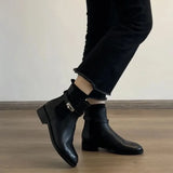 KYLETHOMASW  -  Retro British Style Mid-Calf Boots Metal Belt Round Toe Short Chelsea Boots Autumn Winter New Thick Heel Short Boots for Women