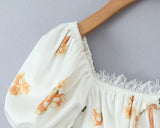KYLETHOMASW  -  Retro White Flower Bow Ruched Chest Lace Slash Collar Satin Mini Dress Women Short Puff Sleeve Low Waist Swing Dresses Robe