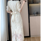 Kylethomasw Summer White Lace Hook Flower Hollow Midi Dress Women Fashion Chic Luxury Party Evening Dress 2024 Korean Vintage Festival Dress