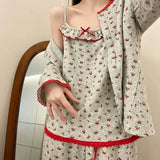 KYLETHOMASW  -  Women Autumn Sweet Floral Print 3-Piece Pajama Set Lace Trim Long Sleeve Cardigan Cami Pants Soft Home Loungewear For Ladies