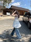 KYLETHOMASW  -  Fashion Sweet Off Shoulder White Dress for Women 2025 Summer New Sleeveless Lace Up Y2k High Waist A-line Short Dresses