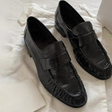 KYLETHOMASW  -  Women's New Retro Pleated Black Leather Penny Loafers Premium Eel Skin Texture Comfortable Slip-On Flats Daily Office Casual