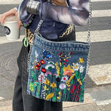 KYLETHOMASW  -  Embroidered flowers women Cowboy shoulder bag fashion chain ladies messenger bags denim handbag personality trend student bag