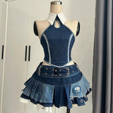 KYLETHOMASW  -  Summer Spicy Girl Vintage 2 Piece Sets Y2k Lace Splice Sleeveless Tops + Irregular Mini Skirt Female Punk Style Design Outfits