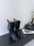 KYLETHOMASW  -  Retro Round Toe Lace-up Mid-calf Boots Women Fashion Belt Buckle Thick Bottom Platform Boots Comfort Non-slip Outdoor Biker Boot