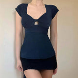 KYLETHOMASW  -  Chest Hollow Out Top Elegant Slim-fitting Short Sleeve T-shirt Summer Chic Basic Square Collar Tops Retro Streetwear