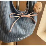 KYLETHOMASW  -  Korean Casual Stripesd Canvas Bag for Women 2025 New Large-Capacity Shoulder Tote Bag Double-Sided Commuter Armpit Bag