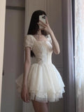 KYLETHOMASW  -  French Sweet Style Lace Puff Sleeve Elegant Dress Women Y2k Cute Bow Design Summer Dress Fashion Female Princess Party Dress New