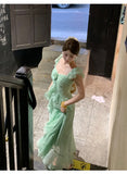 KYLETHOMASW  -  French Vintage Summer Green Elegant Sexy Evening Party Long Dress Women Sleeveless Backless Vacation Ruffles Slip Fairy Dress