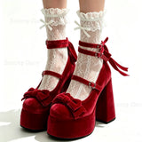 KYLETHOMASW  -  Red Bow Knot Decor Platform Pumps Solid Round Toe Chunky High Heels Shoes High Heel Shoes for Women New Zapatos Para Mujere