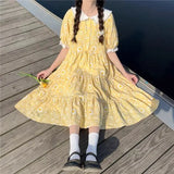 KYLETHOMASW  -  Women Yellow Floral Printed Dress 2024 Summer New Loose Fitting Casual High Waisted College Style Puff Sleeves Dresses