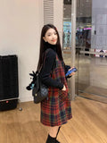 KYLETHOMASW  -  Christmas Red Plaid Strap Dress Female Autumn Winter New Vintage Dresses Slimming Sweet Age Reduction Woolen Base Skirt