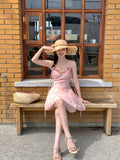 KYLETHOMASW  -  French Retro Elegant Chiffon Midi Dress Women Casual Light Pink Printed Sleeveless Dress Beach Fashion Vintage Chic Summer 2024