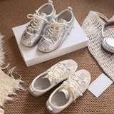 KYLETHOMASW  -  Women Sneakers Spring Summer New Leather Sweet Fashion Casual Flats Women Lace-up German Training Shoes Women Silver 321