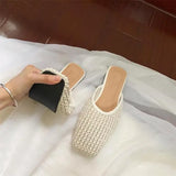 KYLETHOMASW  -  Shoes Slippers Soft Slides Slipers Women Cover Toe Low Loafers Fretwork Heels Comfort 2025 Flat Basic Fabric Rubber Cane PU