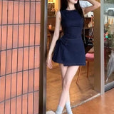 KYLETHOMASW  -  Blue Denim Dresses Women Sleeveless Bandage Bow Solid Vestidos Para Mujer Korean Fashion Elegant Mini Dress