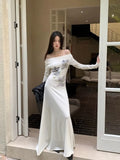 KYLETHOMASW  -  Ink Blue Blended Long Dress For Women In Autumn And Winter, With A High-End Feel And Printed Elastic One Neck Knitted Dress