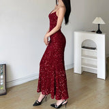 KYLETHOMASW  -  Sexy Sequined Velvet Mermaid Long Dress Party Evening Clubwear Korean Style Elegant V-neck Sleeveless Maxi Dresses New