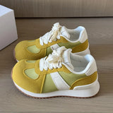 KYLETHOMASW  -  Korean Style Ladies Round Toe Vintage Contrast Sneakers Suede Spliced Flat Gum Sole Lace Up Casual Retro Walking Trainers