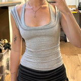 KYLETHOMASW  -  Basic Solid Color Double-layer Stacking Design Square Neck Vest Bright Line Splicing Slim-fitting Sexy Sports Casual Top