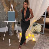 KYLETHOMASW  -  Women's Satin Red Halter Maxi Dress Deep V Neck Backless Bodycon Party Evening Gown