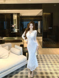 KYLETHOMASW  -  French High-End Lace V-Neck Evening Gown Slim Waist Fish-Tail Base Layer 2026 Spring New Arrival Women's Fashion Elegant Dress