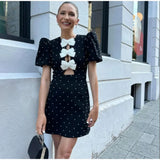Kylethomasw  Bow Hollow Out Red Black Mini Dress Women Sexy Puff Sleeve O-neck Party Dresses 2024 Summer New Elegant Shinny Robe Vestidos