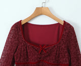 KYLETHOMASW  -  Sexy Wine red Flocking Flower Mesh Flare Sleeve Dress Woman Bow Square neck Package Hips A-line Mini Party Robe Bodycon