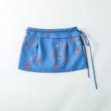 KYLETHOMASW  -  Summer Girl Bandage Lacing Up Sashes Ruched Waist Blue Floral Print Mini Skirts Fashion Women Zip up Waist A-lined Short Skirts