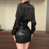 KYLETHOMASW  -  Two Piece Sets Women Long Sleeve Shirts Spring Fashion PU Leather Mini Skirts Slim Wrap Hip Clubwear Suits Female