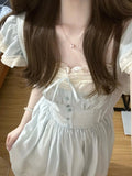 KYLETHOMASW  -  French Retro Fairy Style Small Flying Sleeves Summer New Korean Temperament Lace Bow Blue Forest Style Dress Women