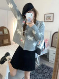 KYLETHOMASW  -  Korean Sweet Blue Gray Print Bow Button Sweater Women Round Neck Cardigans Long Sleeve Knitwear Tops Autumn Winter Clothing Chic