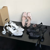 KYLETHOMASW  -  Sexy Elegant Thin Heels Butterfly-kont Square Toe Pumps Women Sandals Design Ankle Lace-up Banquet Mule Shoes