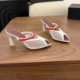 KYLETHOMASW  -  Women Mesh Mule Heels Red Coral Beads Seashell Decor High Heel Summer Beach Vacation Fashion Sandals Open Back Slip On Party